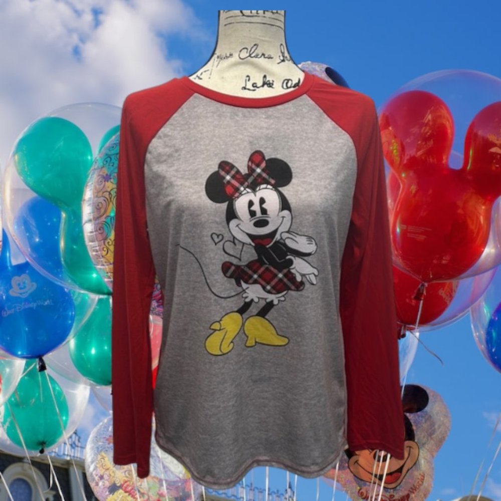 Disney Minnie Mouse Women Gray Red Raglan 3/4 Sleeve Graphic T-Shirt Size Large
